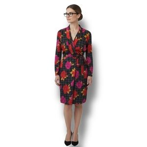 Dana Buchman Vintage Black Floral 100% Silk Knee Length Wrap Dress, size 10